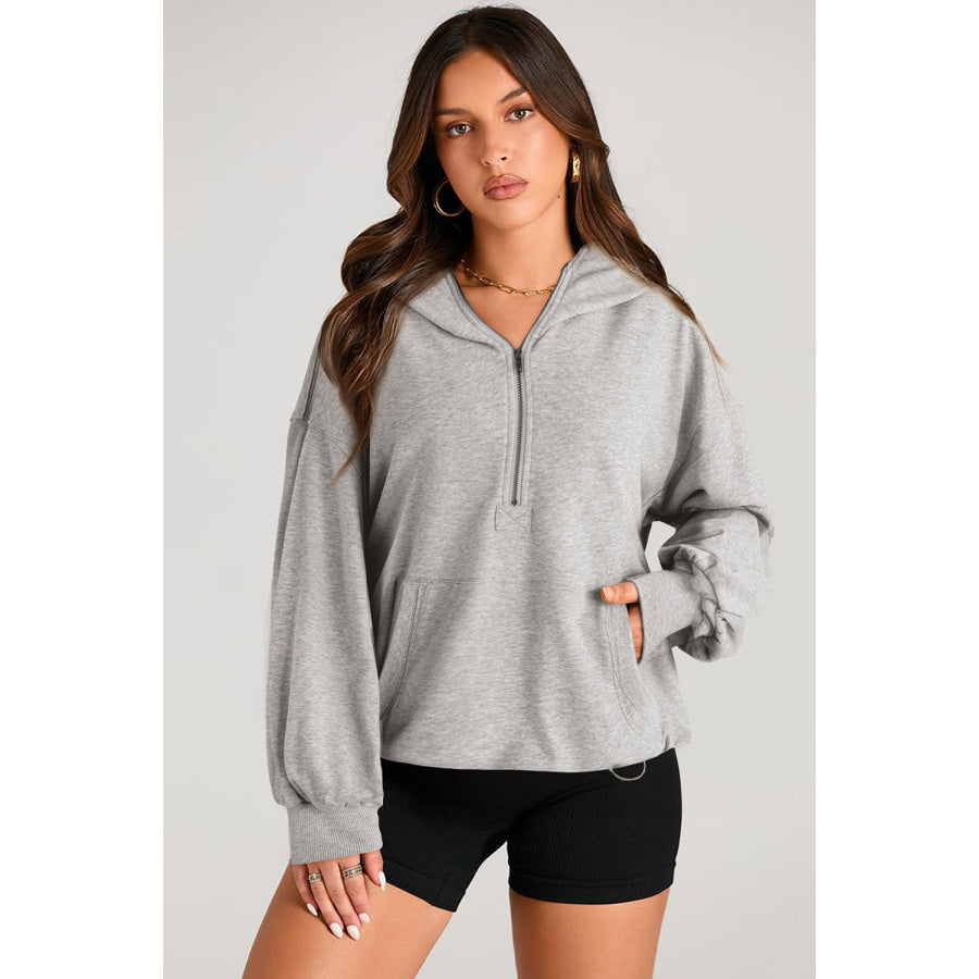 Pocketed Half Zip Long Sleeve Hoodie Gray / S Apparel and Accessories