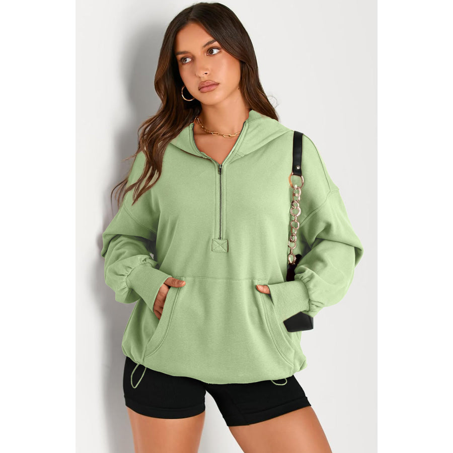 Pocketed Half Zip Long Sleeve Hoodie Light Green / S Apparel and Accessories