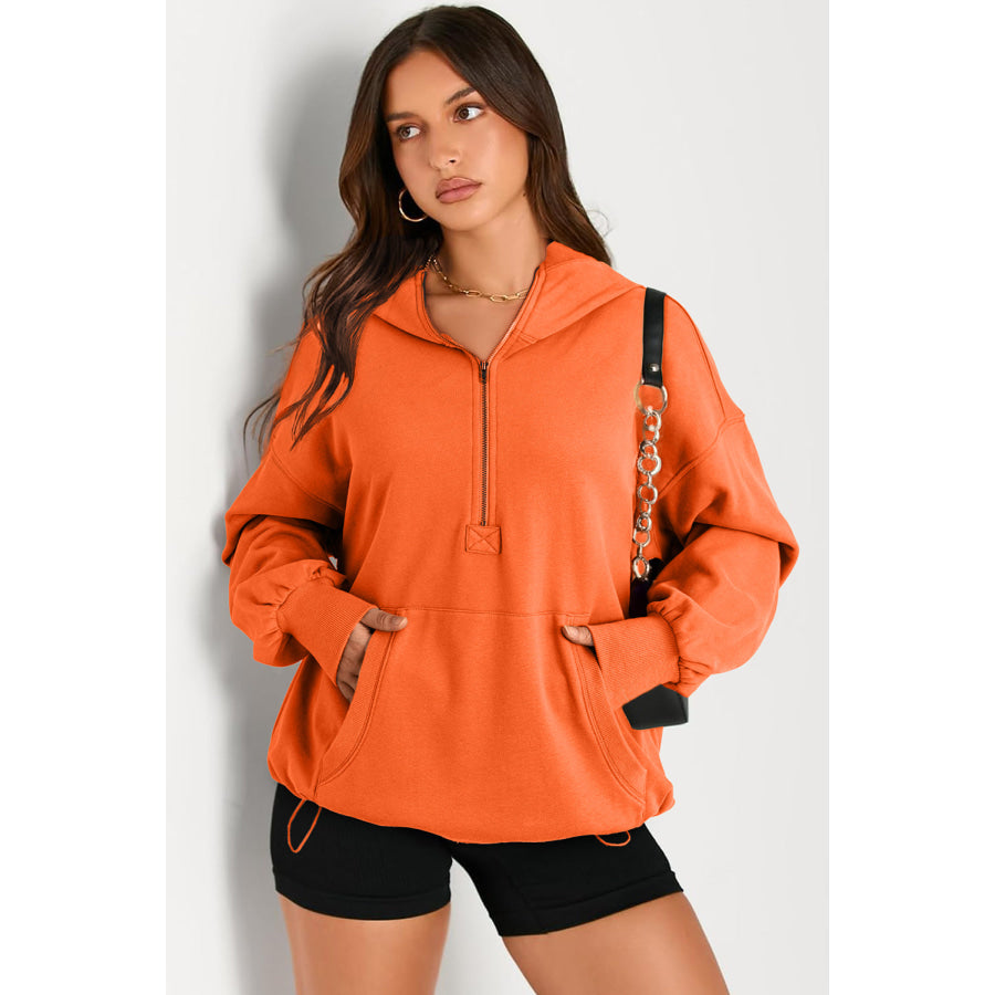 Pocketed Half Zip Long Sleeve Hoodie Orange / S Apparel and Accessories