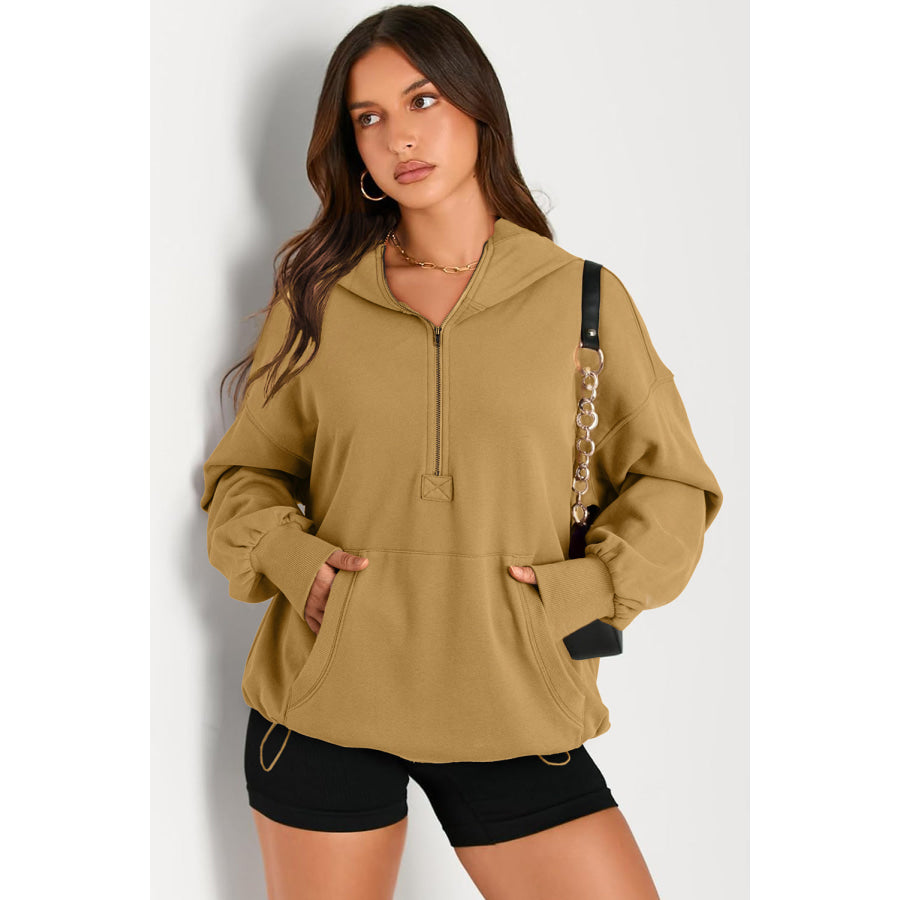 Pocketed Half Zip Long Sleeve Hoodie Tan / S Apparel and Accessories