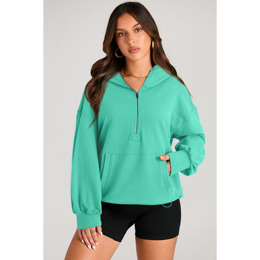 Pocketed Half Zip Long Sleeve Hoodie Turquoise / S Apparel and Accessories