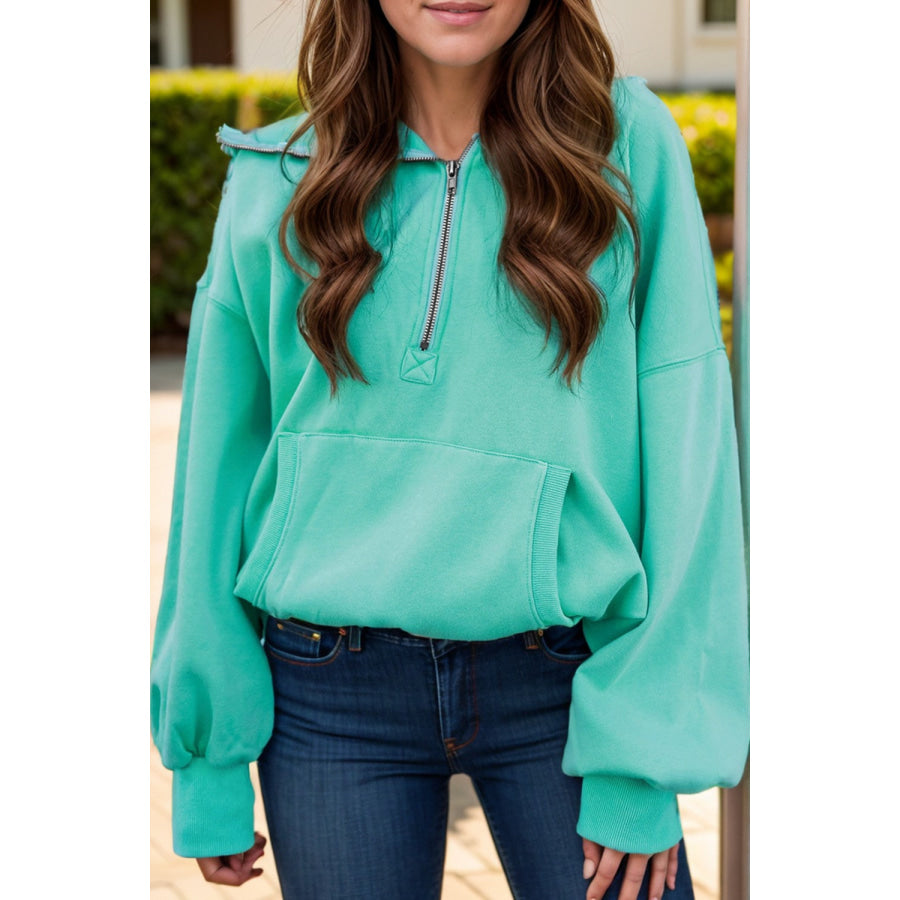 Pocketed Half Zip Long Sleeve Hoodie Turquoise / S Apparel and Accessories