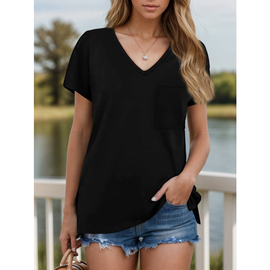 Pocketed Heathered V-Neck Short Sleeve T-Shirt Apparel and Accessories