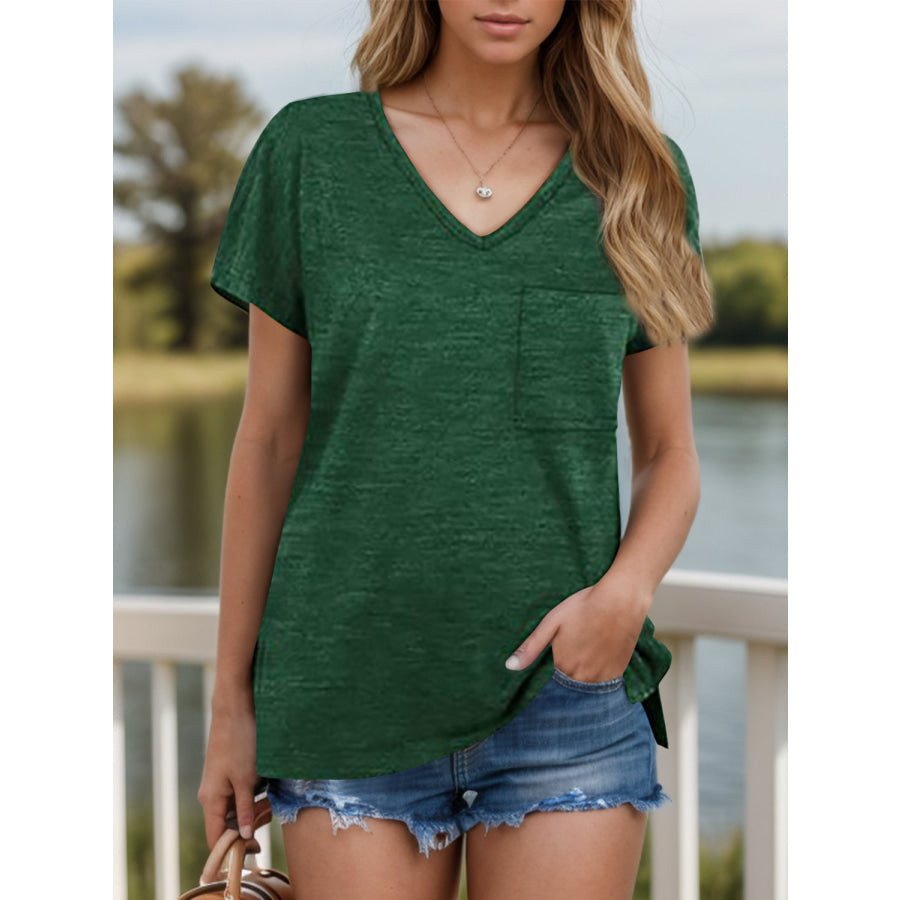 Pocketed Heathered V-Neck Short Sleeve T-Shirt Apparel and Accessories