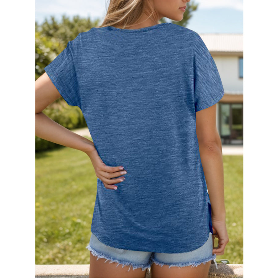 Pocketed Heathered V-Neck Short Sleeve T-Shirt Dusty Blue / S Apparel and Accessories