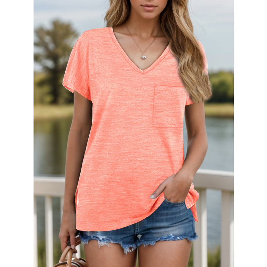 Pocketed Heathered V-Neck Short Sleeve T-Shirt Apparel and Accessories