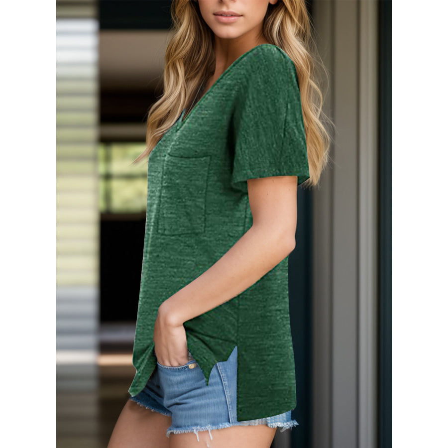 Pocketed Heathered V-Neck Short Sleeve T-Shirt Apparel and Accessories