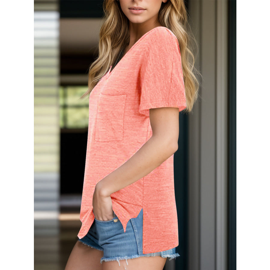 Pocketed Heathered V-Neck Short Sleeve T-Shirt Apparel and Accessories