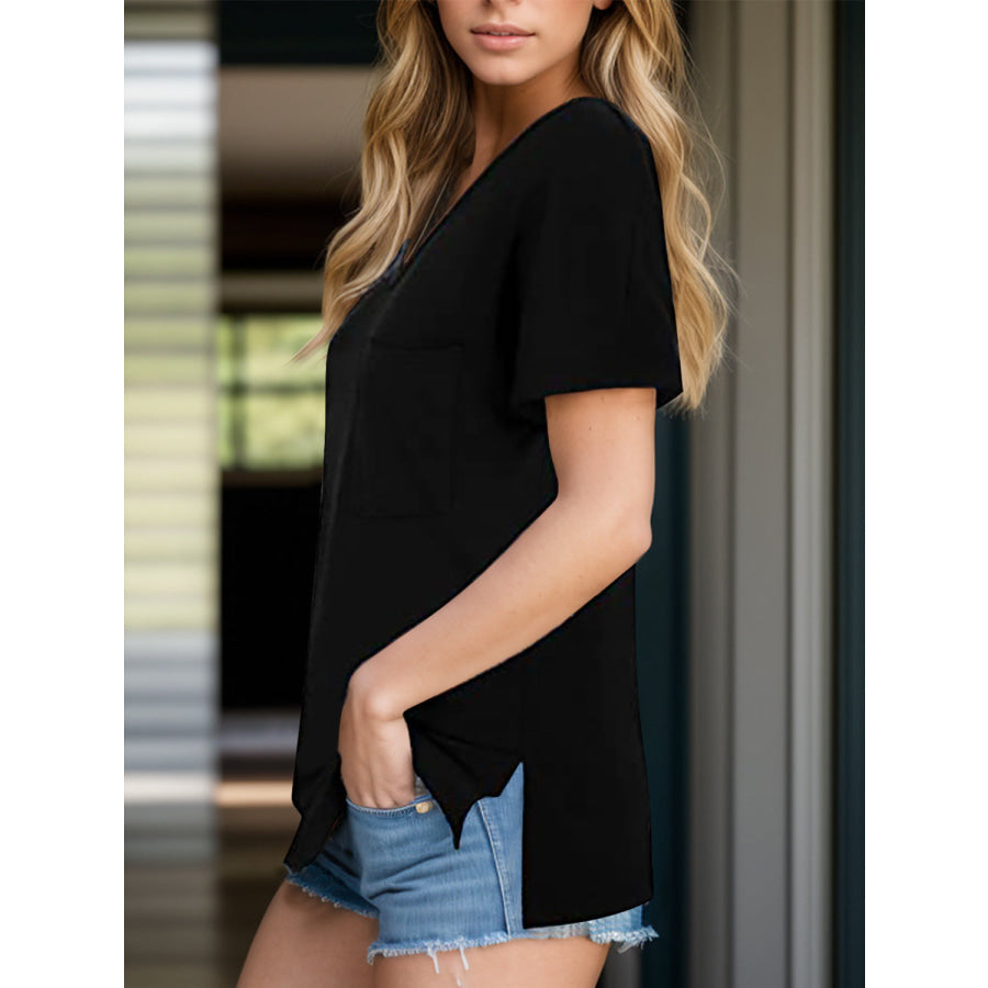 Pocketed Heathered V-Neck Short Sleeve T-Shirt Black / S Apparel and Accessories