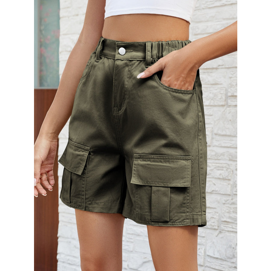 Pocketed High Waist Denim Shorts Apparel and Accessories