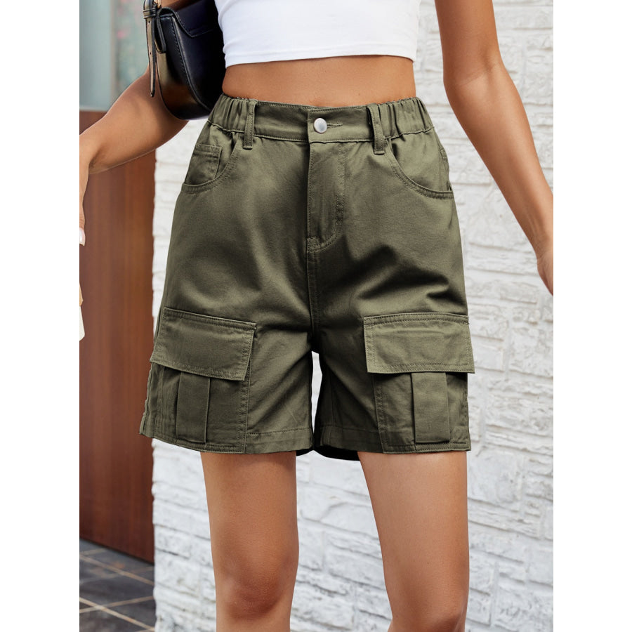 Pocketed High Waist Denim Shorts Army Green / S Apparel and Accessories