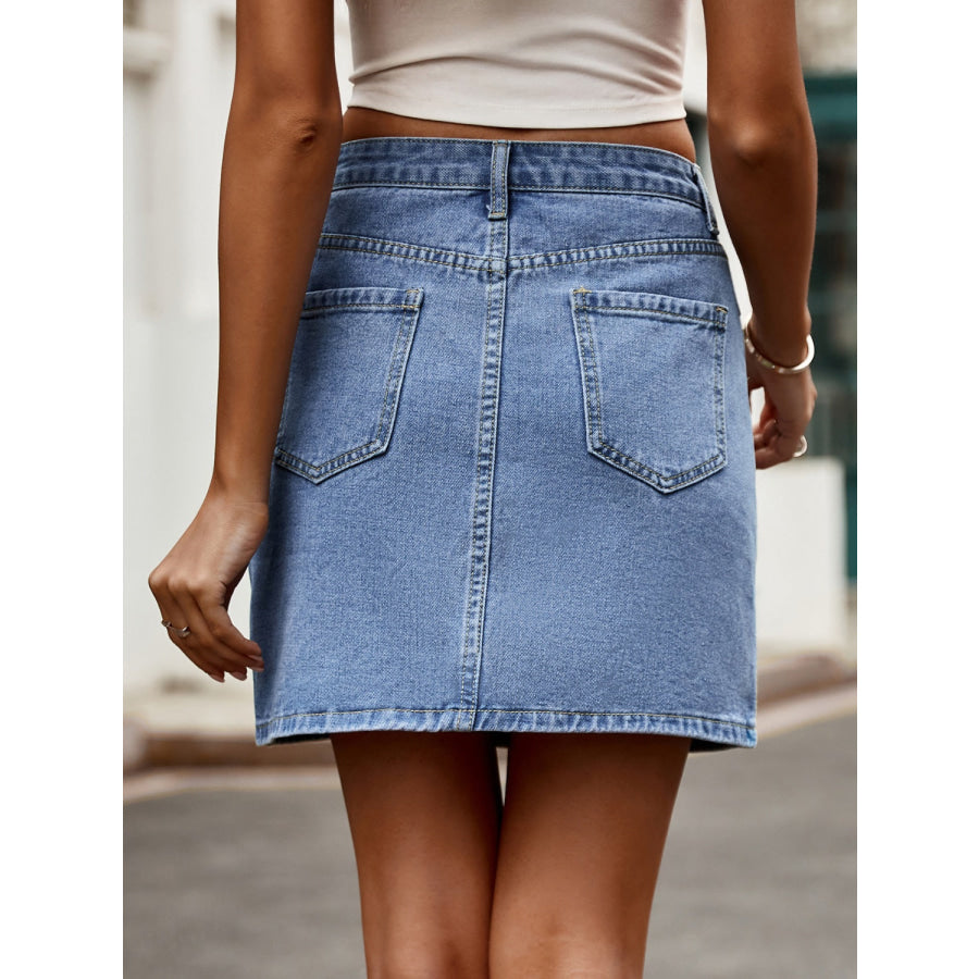 Pocketed High Waist Denim Skirt Apparel and Accessories