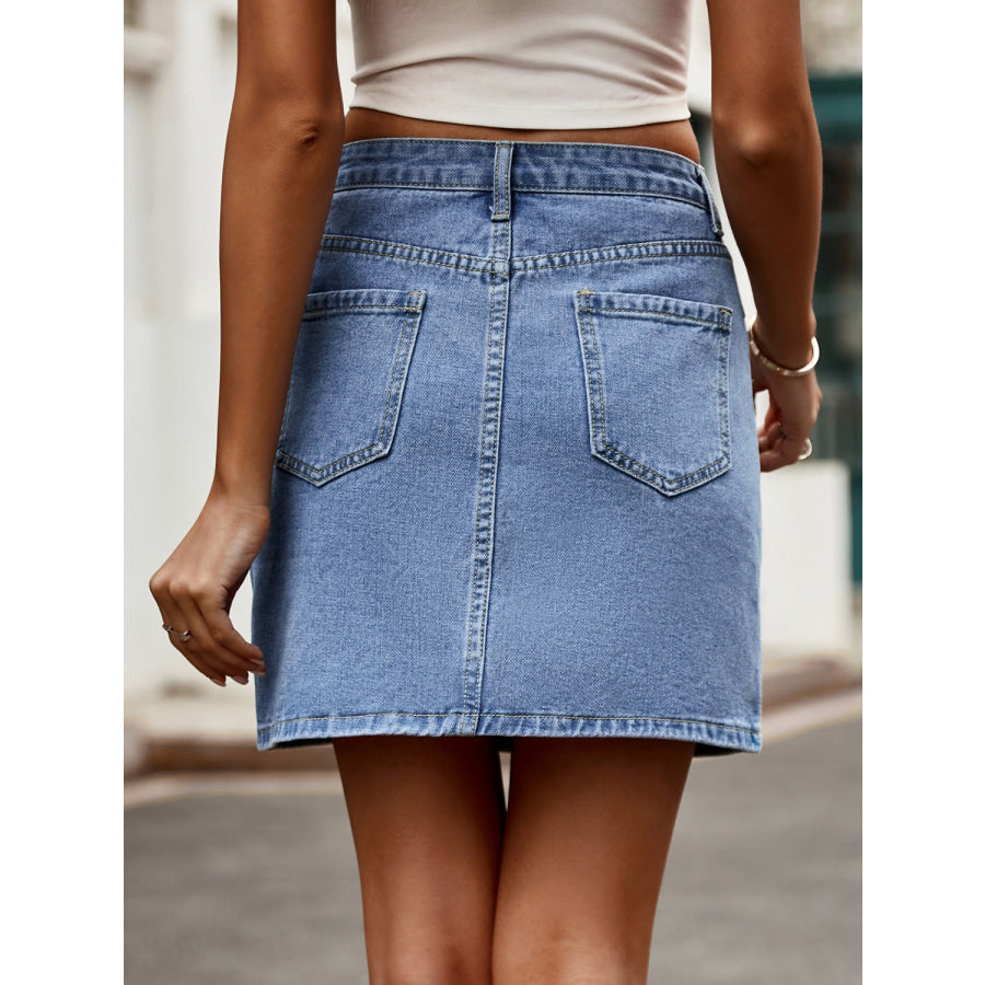 Pocketed High Waist Denim Skirt Misty Blue / S Apparel and Accessories