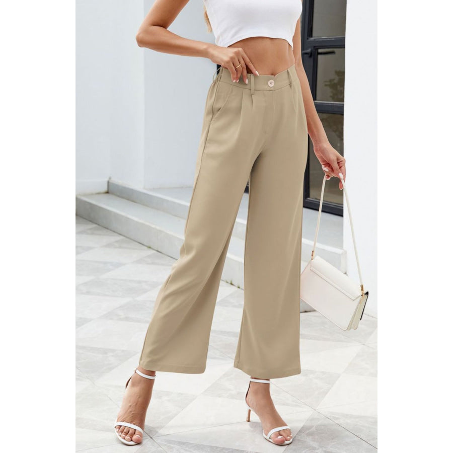 Pocketed High Waist Pants Tan / S Apparel and Accessories