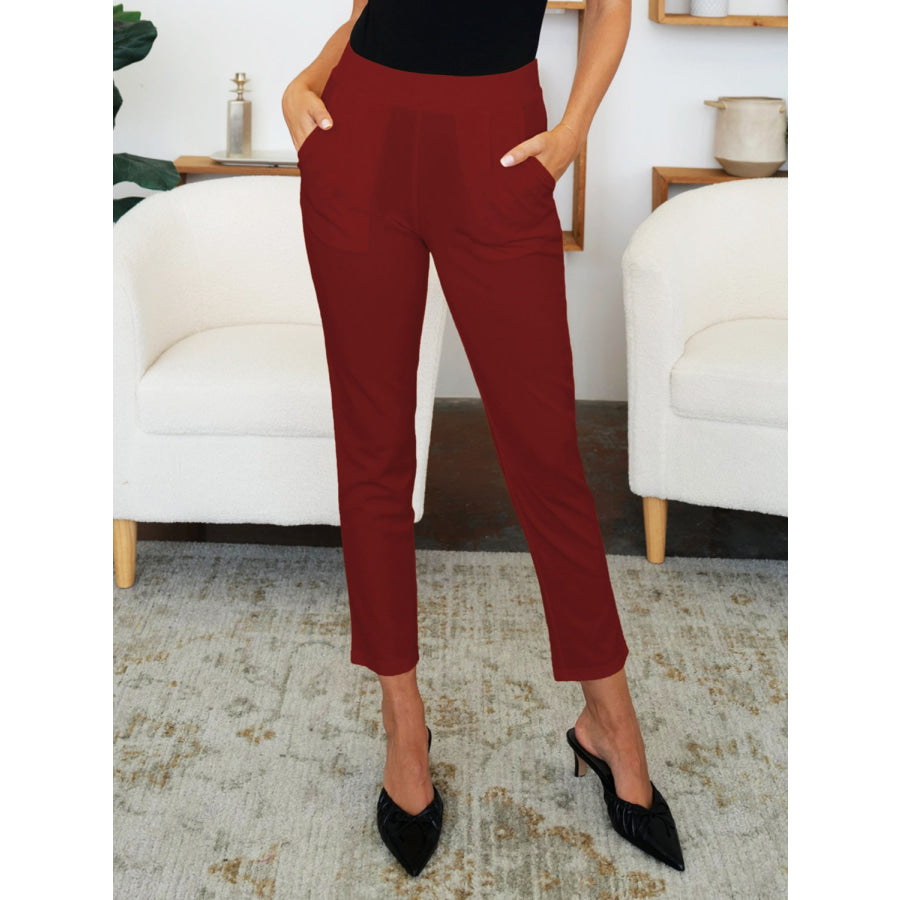 Pocketed High Waist Skinny Pants Burgundy / S Apparel and Accessories