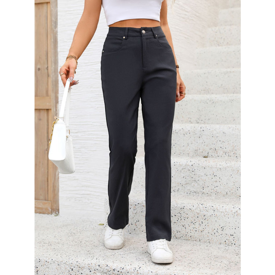 Pocketed High Waist Straight Pants Apparel and Accessories