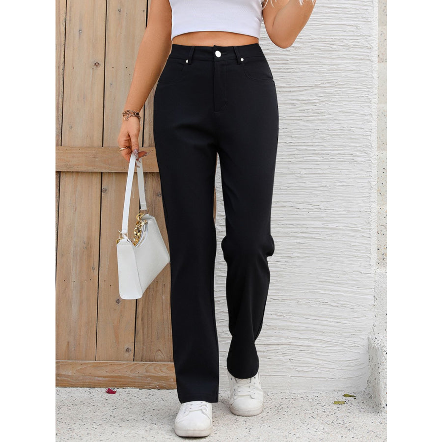 Pocketed High Waist Straight Pants Black / XS Apparel and Accessories