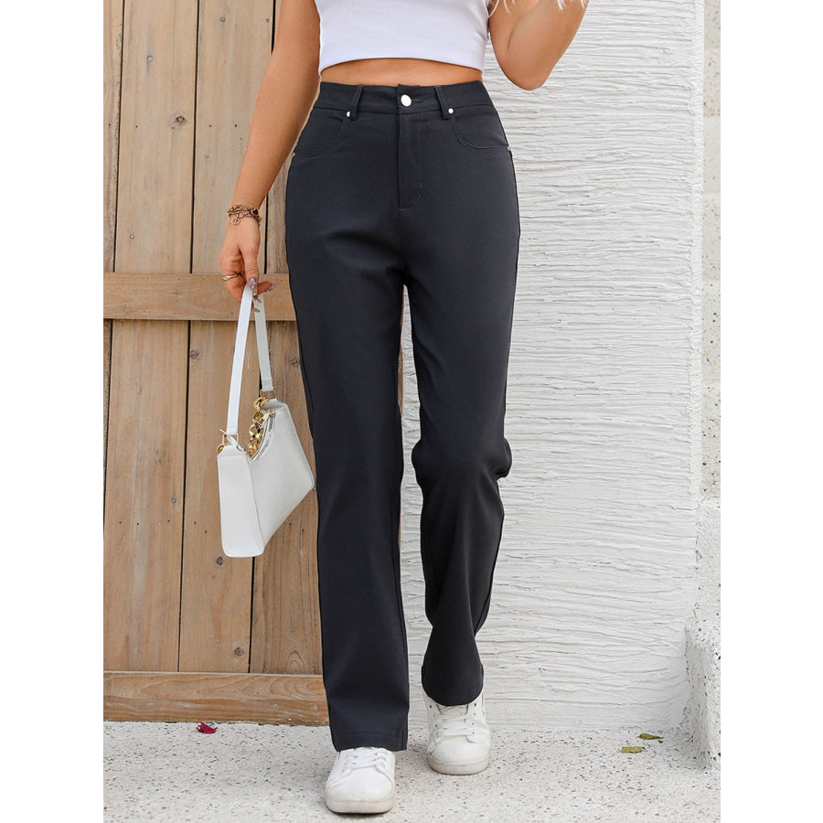 Pocketed High Waist Straight Pants Dark Gray / XS Apparel and Accessories