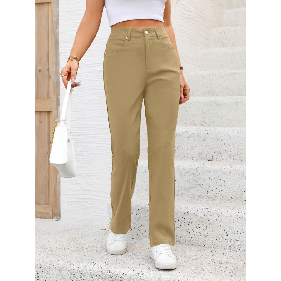 Pocketed High Waist Straight Pants Tan / XS Apparel and Accessories