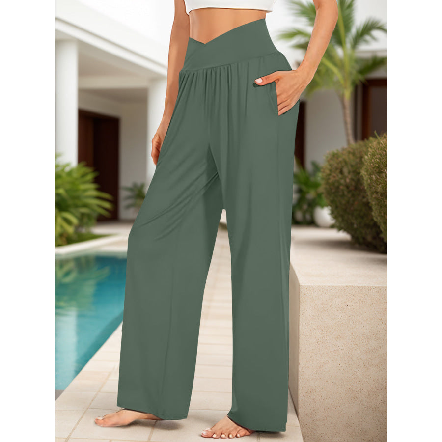 Pocketed High Waist Wide Leg Pants Dark Green / S Apparel and Accessories