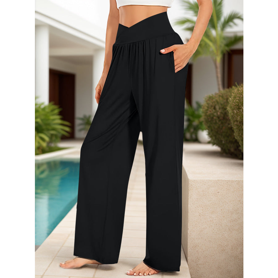 Pocketed High Waist Wide Leg Pants Black / S Apparel and Accessories