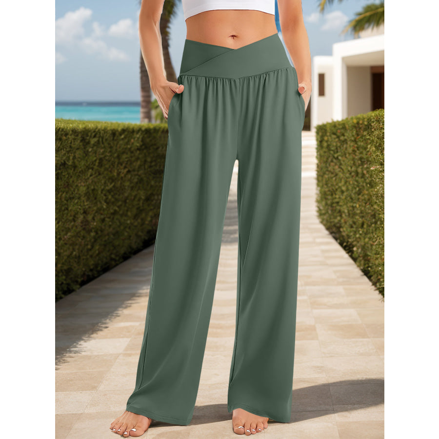 Pocketed High Waist Wide Leg Pants Dark Green / S Apparel and Accessories