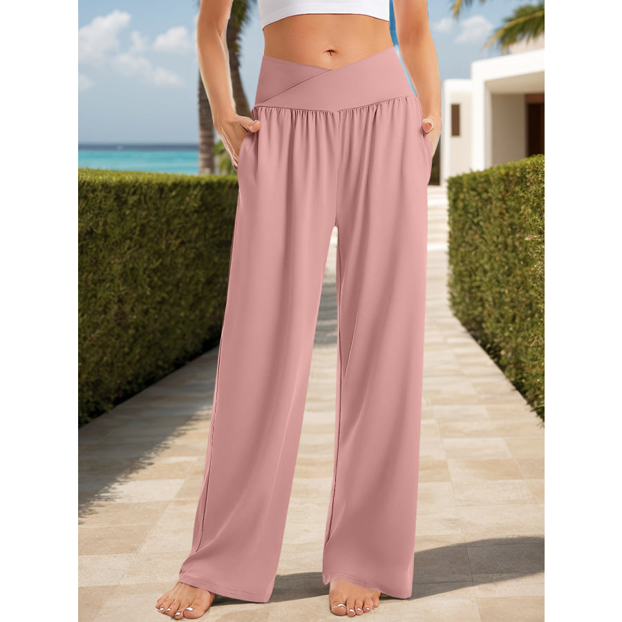 Pocketed High Waist Wide Leg Pants Dusty Pink / S Apparel and Accessories
