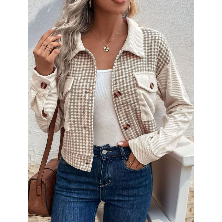 Pocketed Houndstooth Long Sleeve Jacket Beige / M Apparel and Accessories