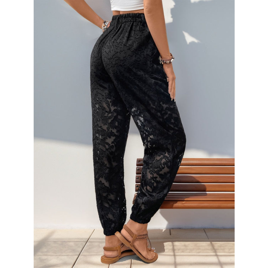 Pocketed Lace Elastic Waist Pants Black / S Apparel and Accessories