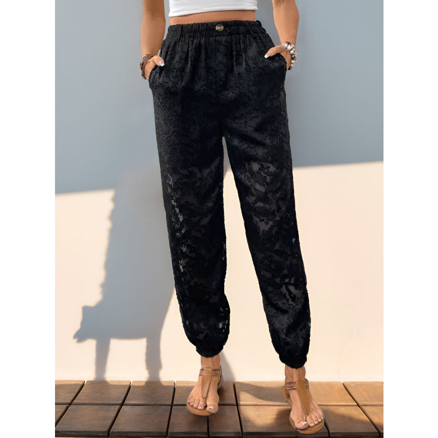 Pocketed Lace Elastic Waist Pants Black / S Apparel and Accessories
