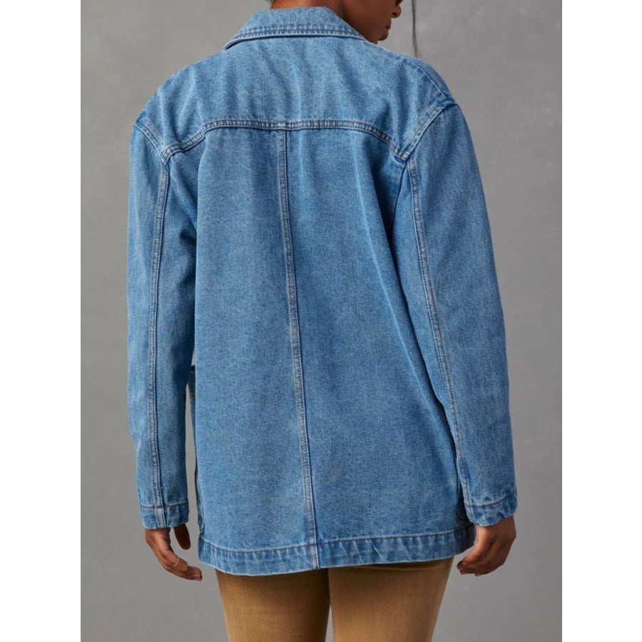 Pocketed Lapel Collar Long Sleeve Denim Jacket Apparel and Accessories