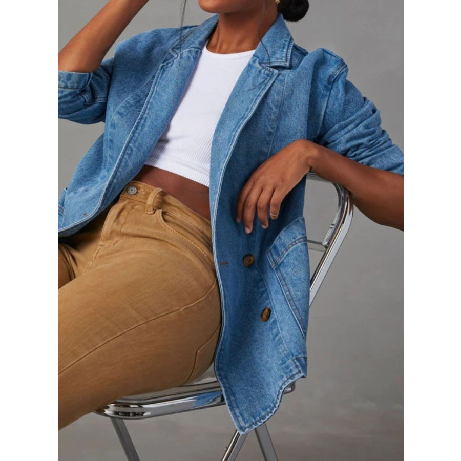 Pocketed Lapel Collar Long Sleeve Denim Jacket Apparel and Accessories