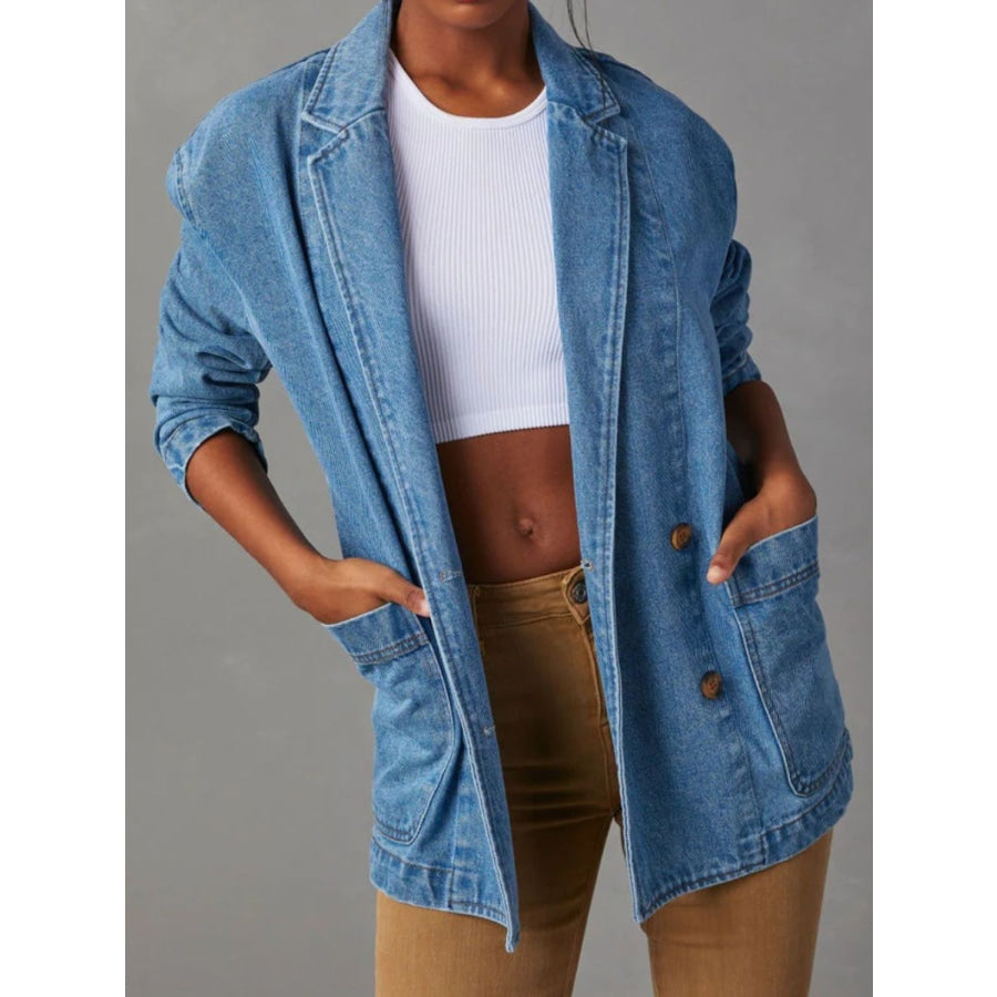 Pocketed Lapel Collar Long Sleeve Denim Jacket Apparel and Accessories