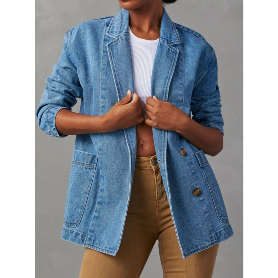 Pocketed Lapel Collar Long Sleeve Denim Jacket Dusty Blue / S Apparel and Accessories