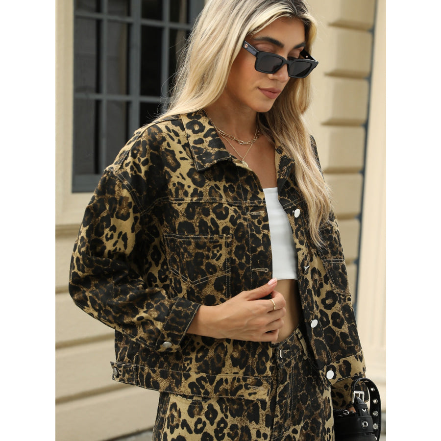 Pocketed Leopard Long Sleeve Denim Jacket Apparel and Accessories