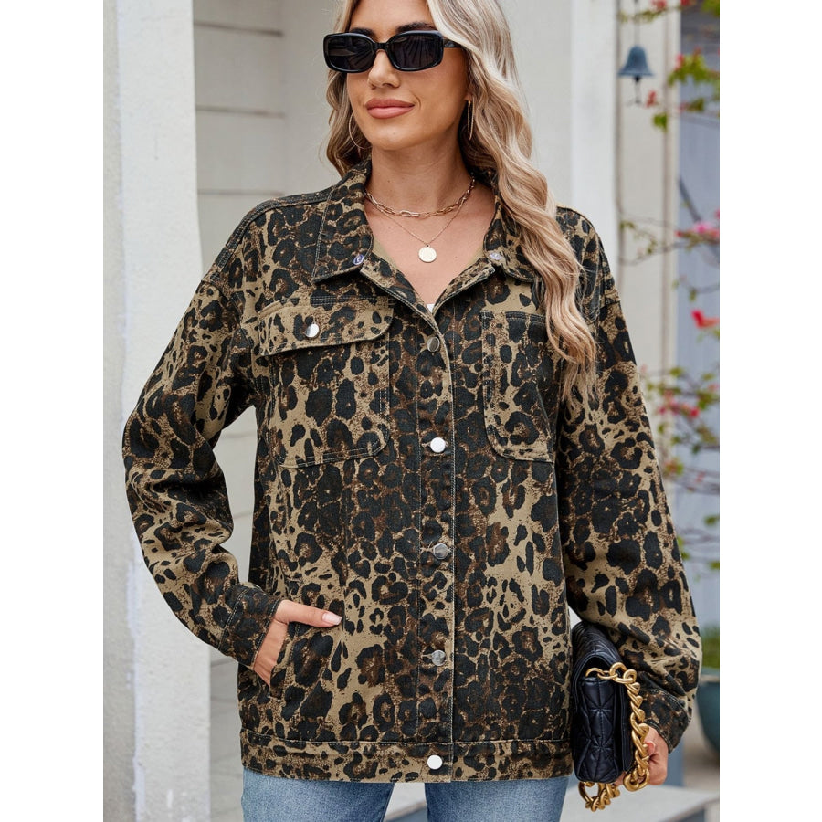 Pocketed Leopard Long Sleeve Denim Jacket Apparel and Accessories