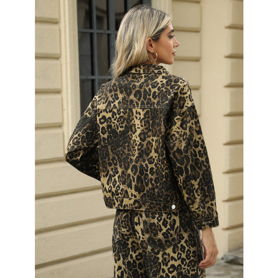 Pocketed Leopard Long Sleeve Denim Jacket Apparel and Accessories