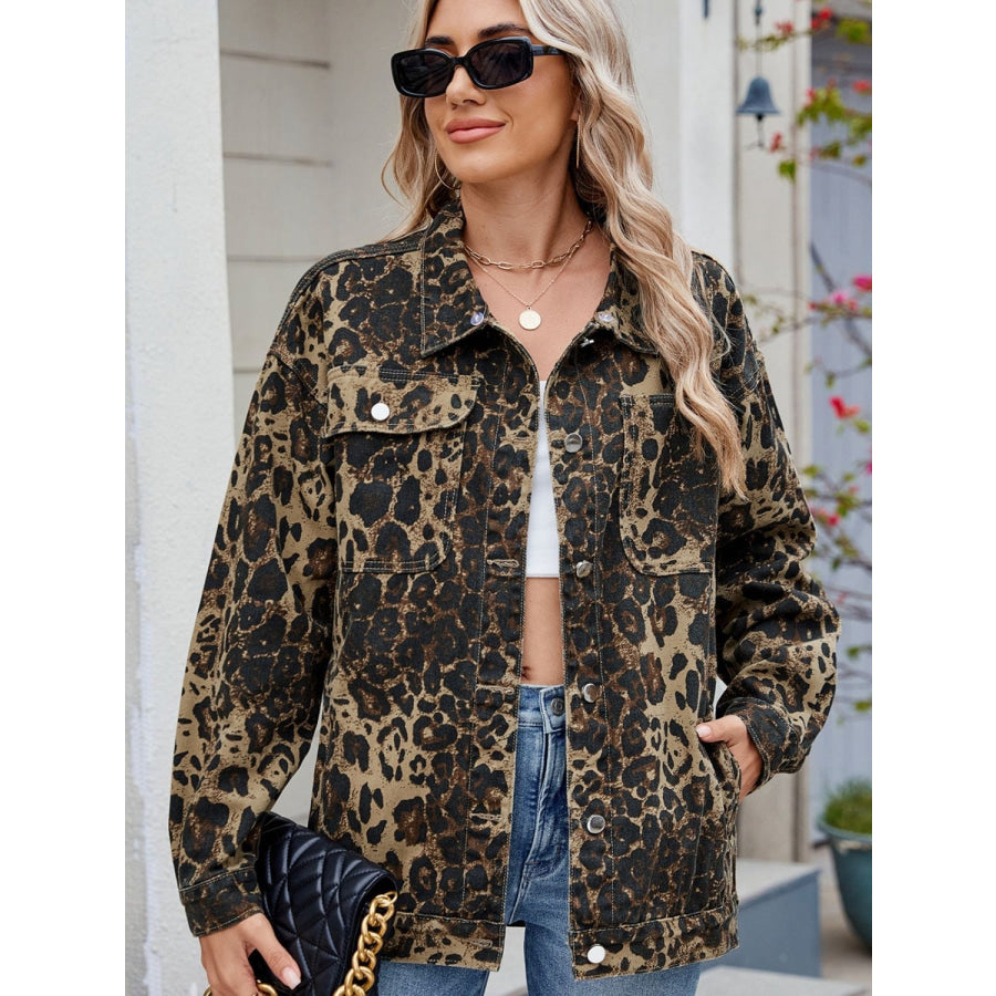 Pocketed Leopard Long Sleeve Denim Jacket Apparel and Accessories