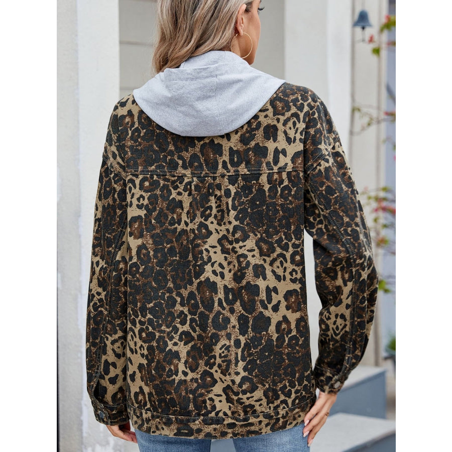 Pocketed Leopard Long Sleeve Denim Jacket Apparel and Accessories