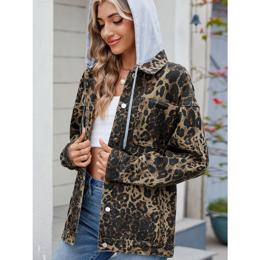 Pocketed Leopard Long Sleeve Denim Jacket Apparel and Accessories