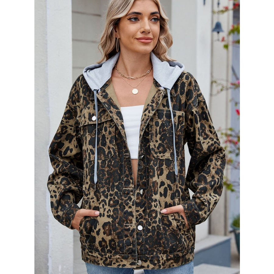 Pocketed Leopard Long Sleeve Denim Jacket Removable hood / S Apparel and Accessories