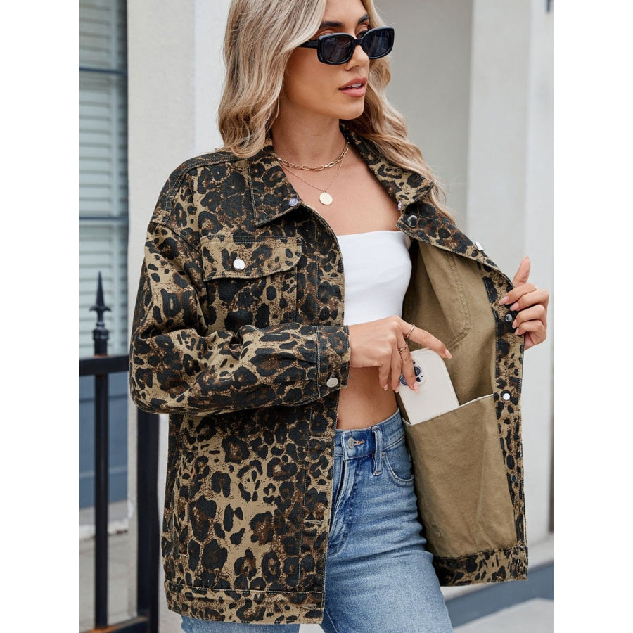 Pocketed Leopard Long Sleeve Denim Jacket Leopard / S Apparel and Accessories