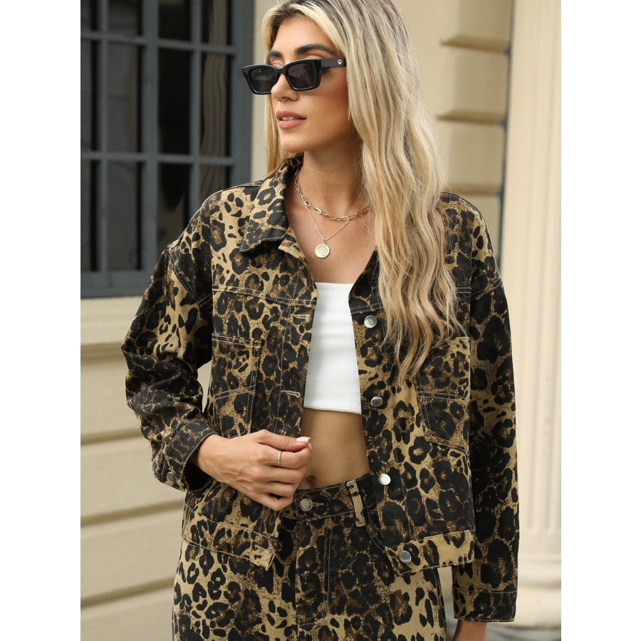 Pocketed Leopard Long Sleeve Denim Jacket Leopard / S Apparel and Accessories