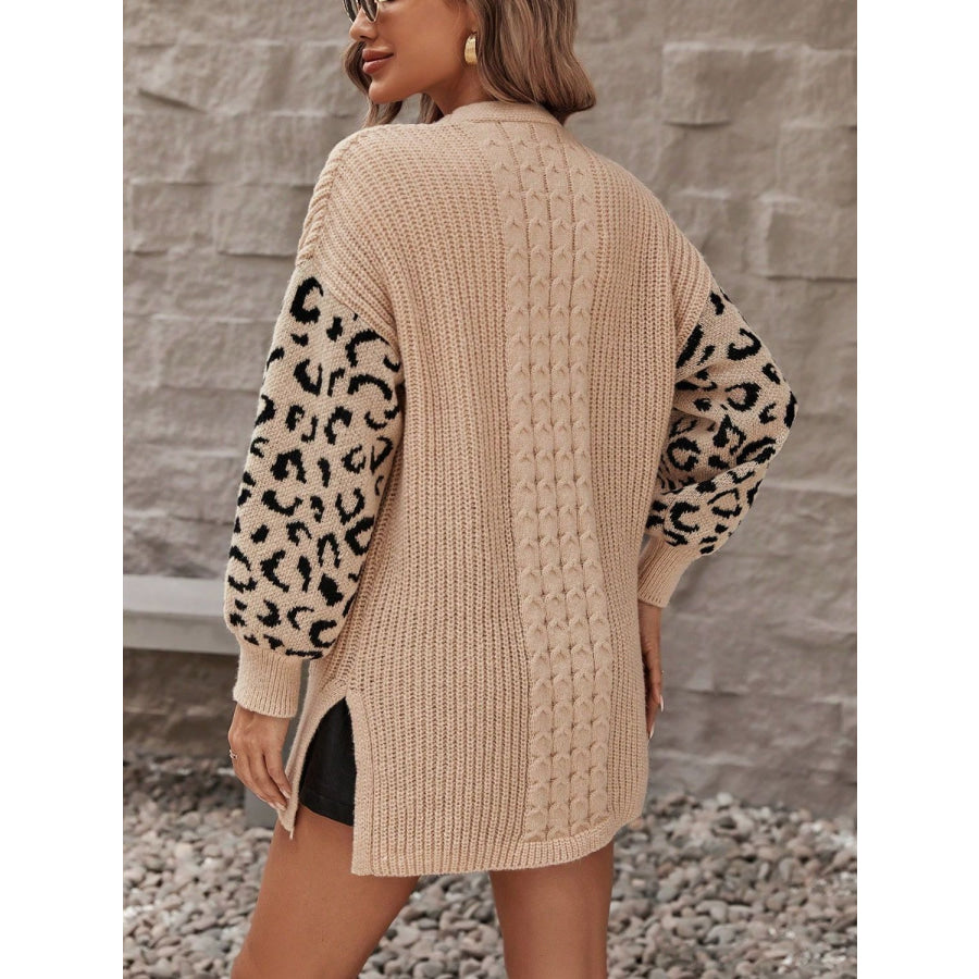 Pocketed Leopard Open Front Cardigan Apparel and Accessories