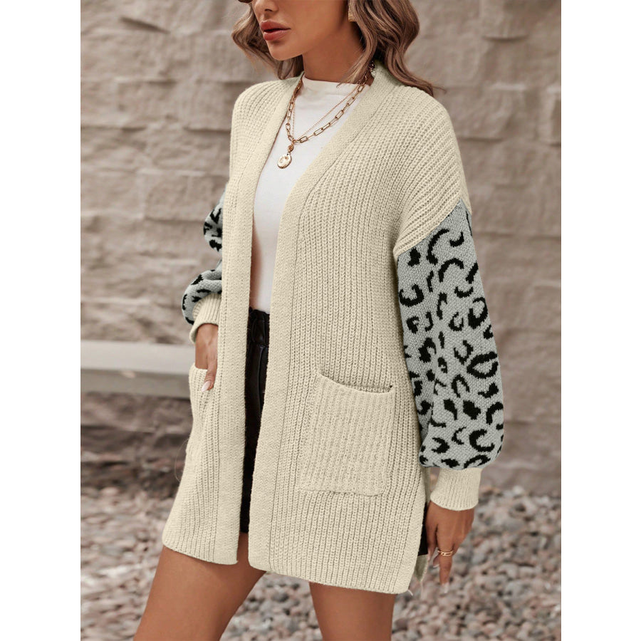 Pocketed Leopard Open Front Cardigan Apparel and Accessories