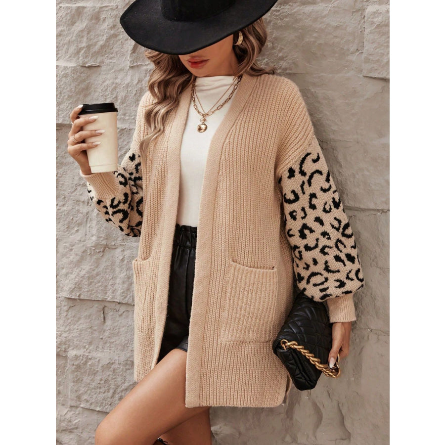 Pocketed Leopard Open Front Cardigan Apparel and Accessories