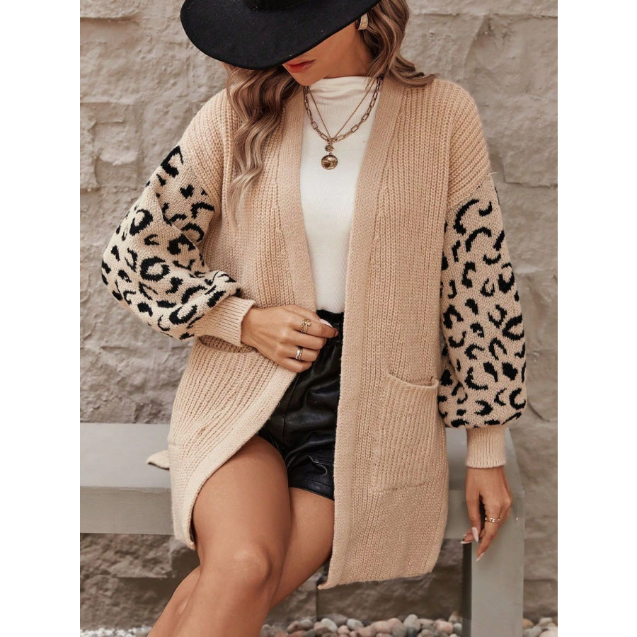 Pocketed Leopard Open Front Cardigan Apparel and Accessories