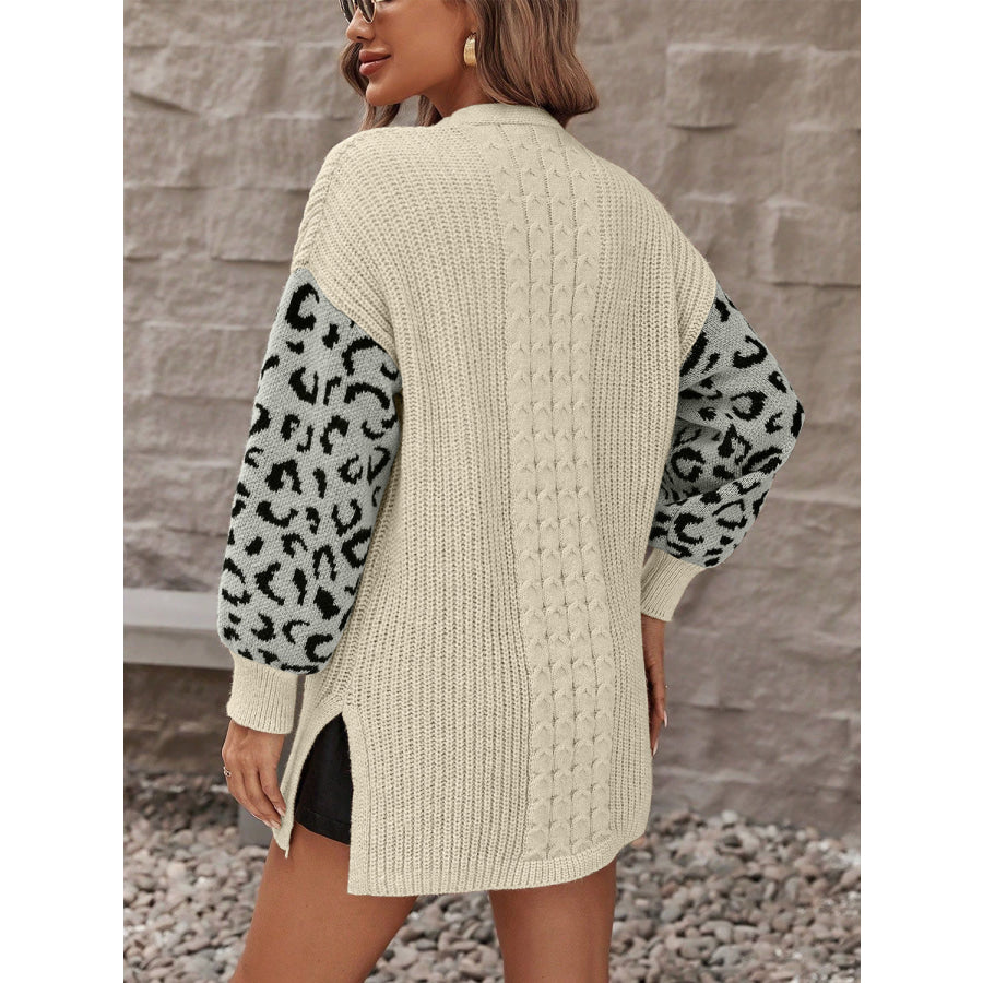 Pocketed Leopard Open Front Cardigan Apparel and Accessories