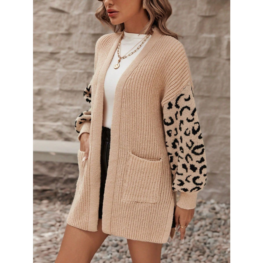 Pocketed Leopard Open Front Cardigan Apparel and Accessories