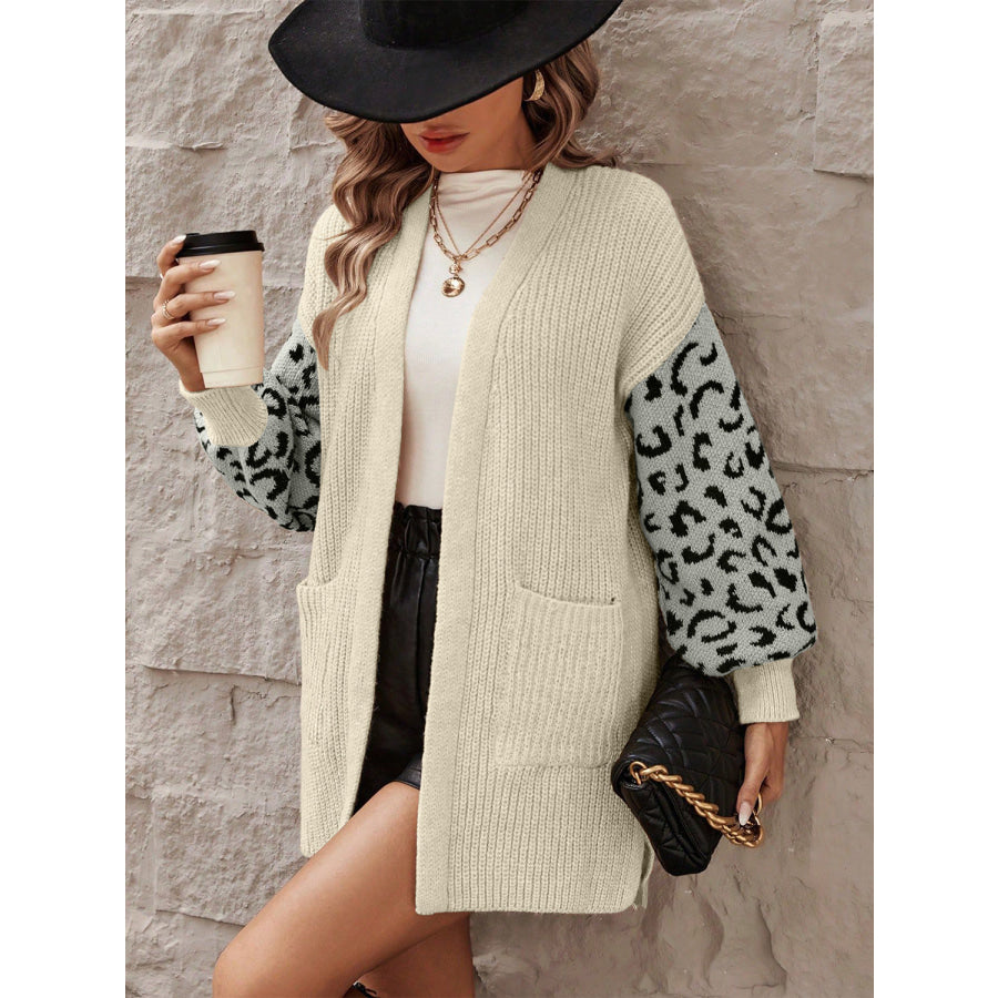 Pocketed Leopard Open Front Cardigan Beige / S Apparel and Accessories